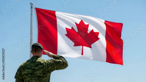 Young Caucasian male soldier in camouflage uniform saluting Canadian flag for patriotic veteran honor