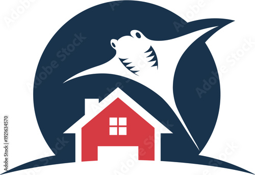 
Illustration of a stingray flying over a house. Blue and red colors.