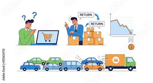 E-commerce Business Challenges: Product Returns, Shipping Delays, Failed Orders, and Financial Loss Illustration