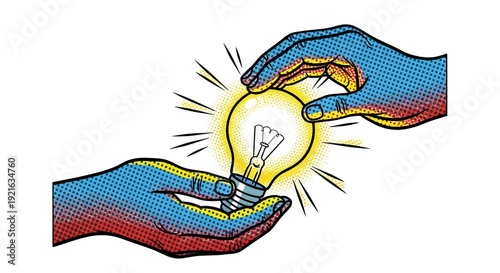 Hands exchanging a glowing lightbulb symbolizing ideas and innovation transfer.