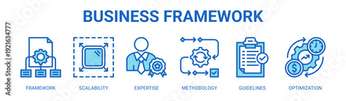 Business Framework web banner icon vector illustration concept with icons of framework, scalability, expertise, methodology, guidelines, and optimization.