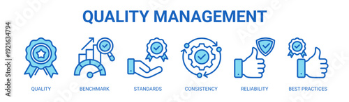 Quality Management web banner icon vector illustration concept with icons of quality, benchmark, standards, consistency, reliability, and best practices.