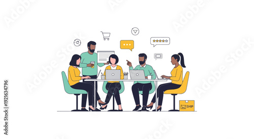 Diverse Team Collaborates on E-commerce Business Strategy. Digital Marketing, Customer Feedback & Logistics Planning.