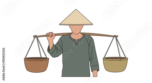 Traditional Asian Laborer" illustration, depicting a person in a conical hat carrying balanced baskets on a shoulder yoke, symbolizing hard work, cultural heritage, and rural daily life