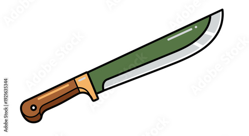A detailed illustration of a large green machete with a brown handle, ideal for chopping and clearing vegetation