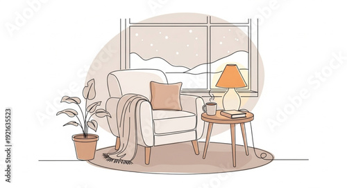 Cozy armchair by the window with a lamp and plant.