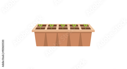 Vibrant vector illustration of a sustainable seed starting tray featuring healthy young green sprouts, symbolizing growth, new beginnings, home gardening, and eco-friendly plant cultivation