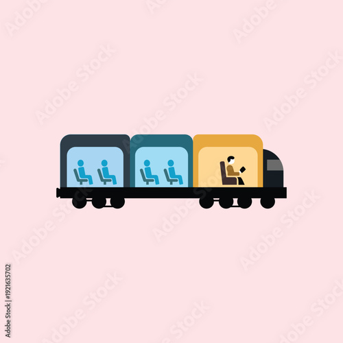 A simple flat illustration of a train with three colorful carriages showing sitting and reading passengers on a pink background. Ideal for transit maps, travel apps, and urban commute ads.