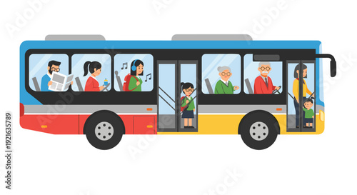 Diverse passengers traveling together on a colorful city public bus