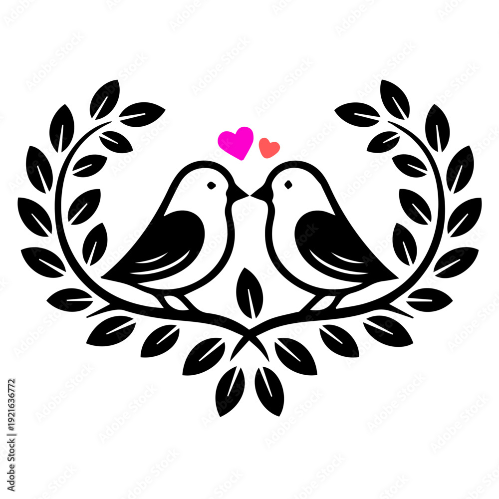Obraz premium Love Birds Laurel Wreath Silhouette with Pink Hearts
