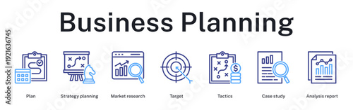Business planning process from initial strategy to market analysis and tactical execution reports