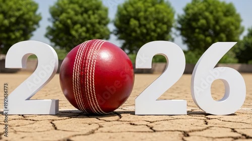 Red cricket ball with white 2026 numbers on dry ground for future sports tournament concept