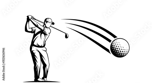 Male golf player swinging club driving ball with dynamic motion on isolated white background.