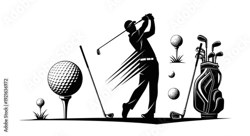 Male golf player swinging club hitting ball with golf bag on isolated white background.