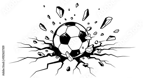 Dynamic Soccer Ball Cracking Ground with Power and Impact, Shattering Debris, Black and White Vector Illustration, Isolated White Background