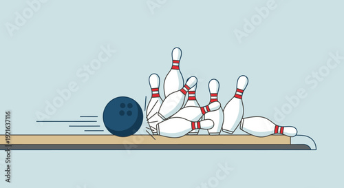 Bowling Ball Rolling Hitting Pins on Alley Lane Light Blue Background