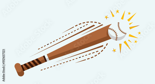 Baseball Bat Hitting Ball with Power Impact Effect on Light Blue Background