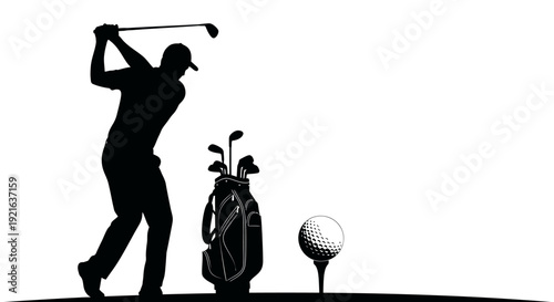 A silhouette illustration of a golfer swinging a club with a golf bag and ball on a tee.