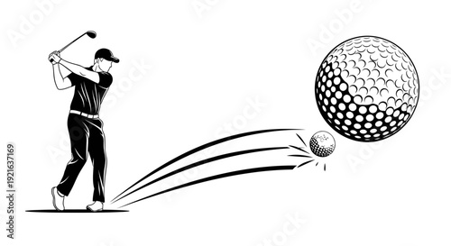 Black and white illustration of a golfer in mid-swing, hitting a golf ball with a club, showing the ball's trajectory.