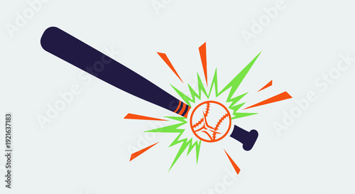 A stylized illustration of a dark blue baseball bat making contact with an orange baseball, surrounded by green and orange impact burst lines.