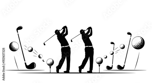 Black vector silhouettes of people, children, and athletes in action playing soccer and golf with balls and clubs, featuring a golfer and player in a competitive sports illustration art