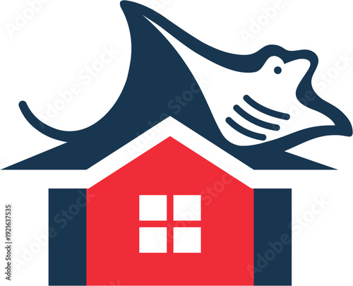 
Illustration of a stingray flying over a house. Blue and red colors.