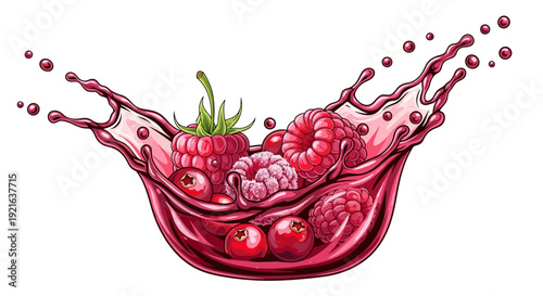 Fresh mixed berries splashing in a vibrant red liquid, captured from a front viewpoint in a digital illustration style