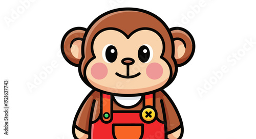 Cute cartoon monkey wearing red overalls and white shirt.