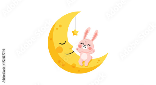 Cute cartoon bunny sleeping on a crescent moon.