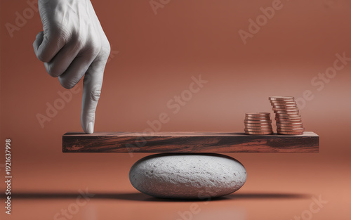 Finger pressing wooden seesaw to lift coins for financial leverage concept