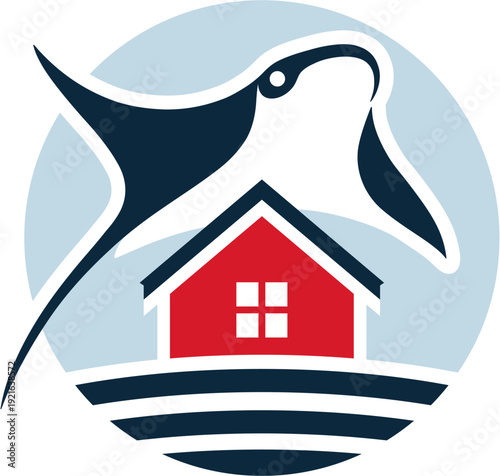 
Illustration of a stingray flying over a house. Blue and red colors.