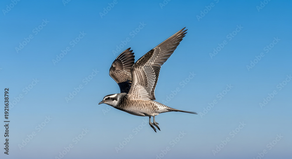 Fototapeta premium Small shorebird in graceful flight against clear blue sky. legant wildlife action photograph of a small shorebird (likely a sandpiper or similar wader)