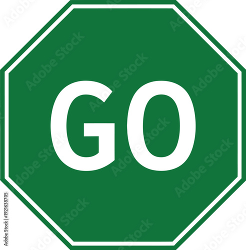 Green octagonal traffic sign with white border and text