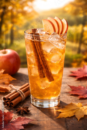 A glass of apple cider with cinnamon sticks on a wooden table in an autumnal setting