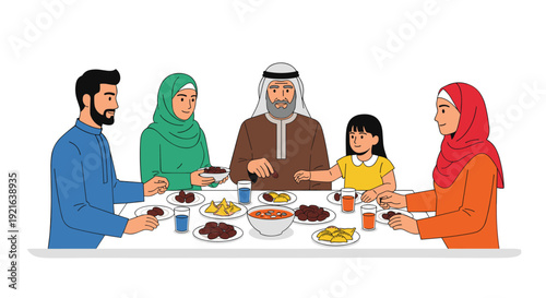 Muslim family sharing Iftar meal during Ramadan celebration at home