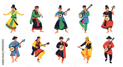 Traditional musicians and dancers performing with ethnic instruments