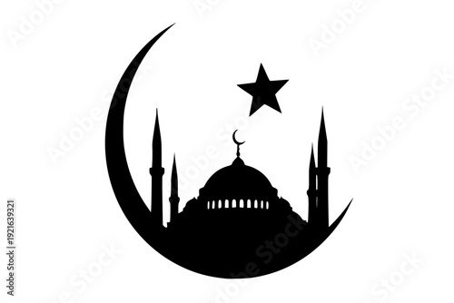 Ramadan Crescent Moon and Mosque Silhouette Vector for Islamic New Month and Eid al-Fitr Branding Concept