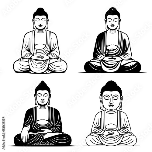 Black and White Buddha Meditation Vector Illustration