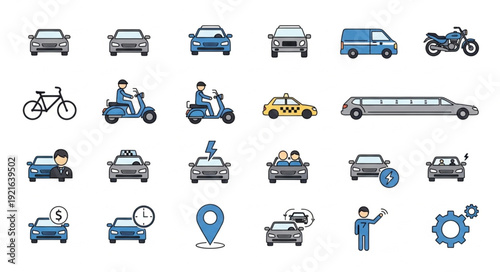 Collection of diverse vehicles and transportation icons.
