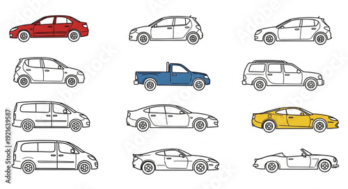 Collection of diverse vehicle illustrations in various styles.