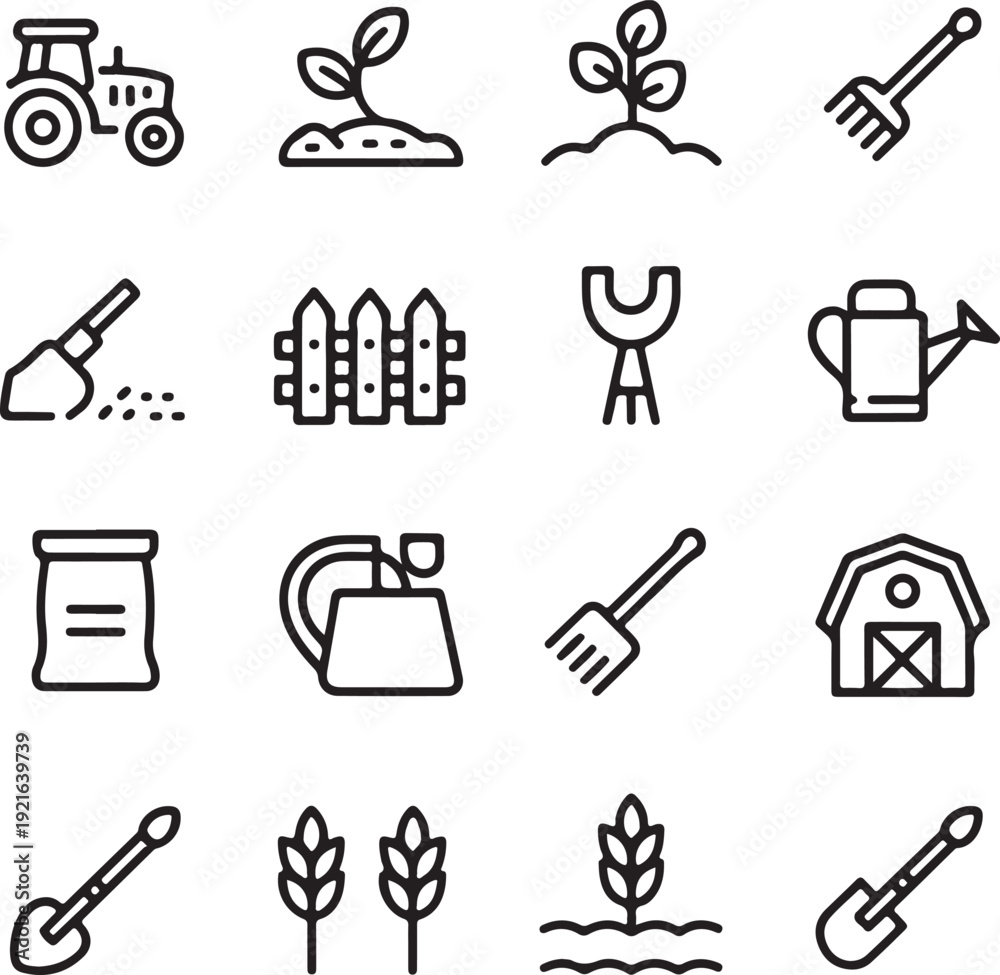 Fototapeta premium Agricultural Tools and Farming Vector Icon Pack