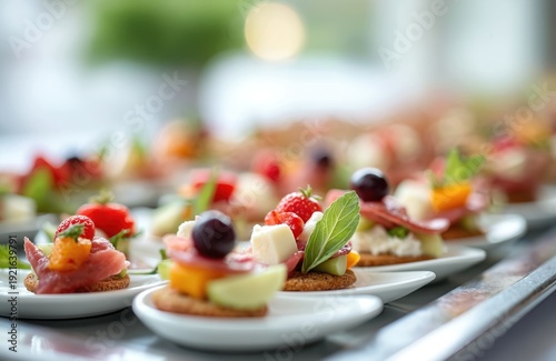 Multiple rows of small gourmet appetizers displayed on white plates. Each bite-sized snack includes cheese, fruit, meat, and greens on a cracker base. Food art for events.