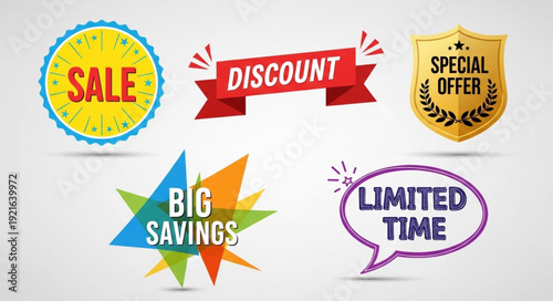 Collection of sale and discount promotional labels and badges.