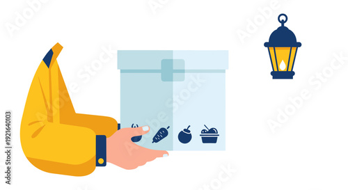 Hand holding a delivery box with food items and a lantern.