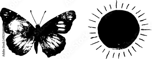 Butterfly and sun in high contrast black and white ink drawing for artistic design