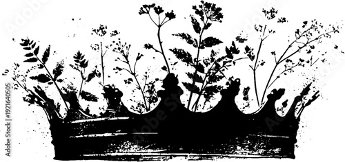 Royal crown with laurel leaves high contrast black and white ink design