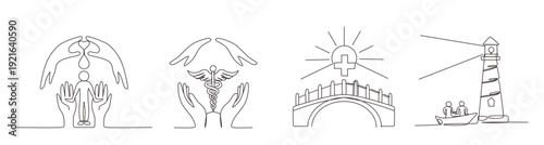 Continuous one line drawing of Gesture  sign of help and hope. Saving lives or emergency accident. Health  care  teamwork. Single line draw design vector illustration