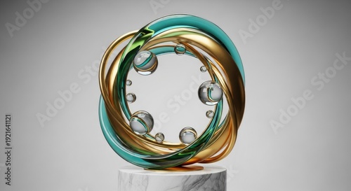 Abstract 3 d rendering of interwoven rings with transparent spheres on pedestal