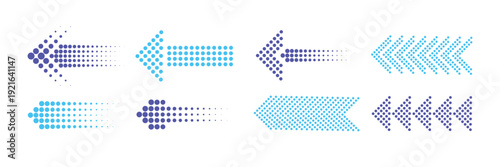 Modern Blue Halftone Arrow Set, Dotted Directional Icons for UI UX Design and Speed Concept Infographics