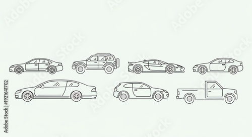 Collection of diverse car outlines in a row.